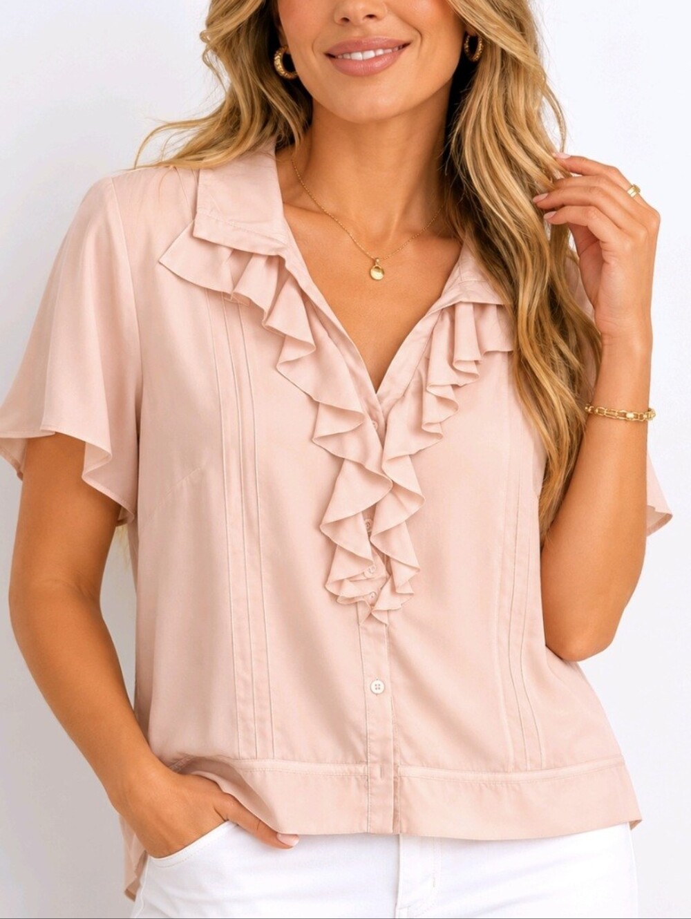 Talbots Blouse Blush Pink 100% Silk Ruffle Front Size 20
